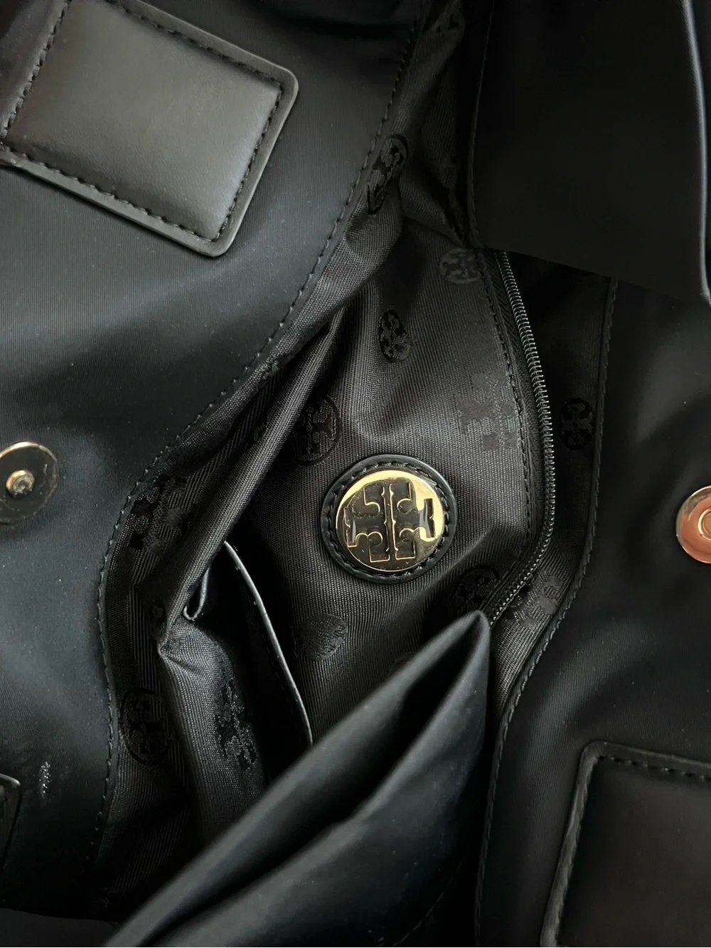 Tory Burch Black Nylon Ella Tote Bag Double T Logo Leather Trim Large Shopper